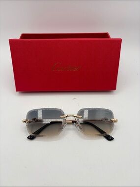 Cartier Diamond Cut Rimless Sunglasses with Gray Gradient Lenses and Gold